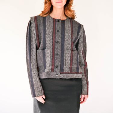Vintage 70s Ungaro Parallele Paris Gray Red & Blue Herringbone Wool Jacket | Made in Italy | 100% Wool | 1970s Ungaro Designer Boho Jacket 
