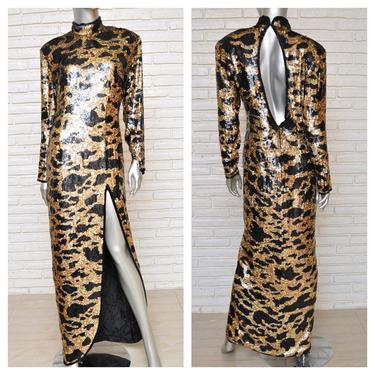 Vintage Lillie Rubin Black and Gold Leopard Print Sequins Dress Full Length Beaded Evening Gown Chenogasm 