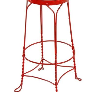 intact early 20th century american antique red enameled milled steel soda fountain or ice cream parlor fanciful twisted metal stool with hooped feet