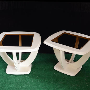 vintage 80s wood and glass top side tables 