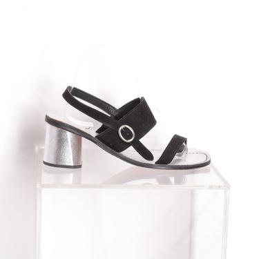 Vintage 1960s Shoes / 60s Deadstock Leather Sandals / Black and Silver ( size 8 ) 