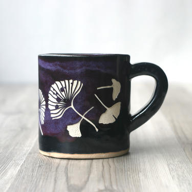 Ginkgo Leaves Purple Cascade Mug - sgraffito carved handmade pottery 