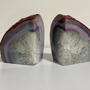 Pair of Heart Shaped Geode Quartz Crystal and Lilac to Purple Agate Banded Bookends 