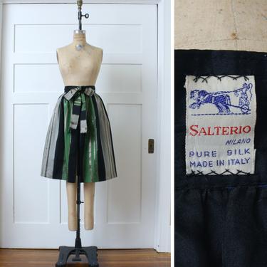vintage 1950s fine Italian silk over skirt • green & black wide striped redingote full cut skirt 