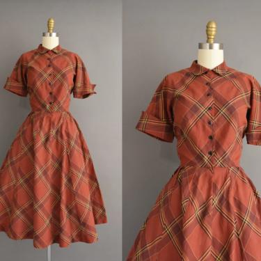 vintage 1950s dress | Nelly Don Brown Plaid Print Short Sleeve Full Skirt Cotton Shirt Dress | XS Small | 50s vintage dress 