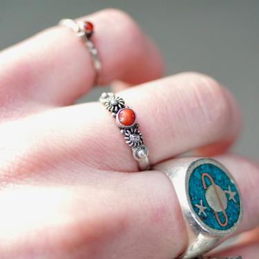 Vintage Silver &amp; Coral Ring, Handmade Coral Ring With Small Silver Details, Petite Silver Ring With Small Coral Stone, Stackable, Size 8 US 