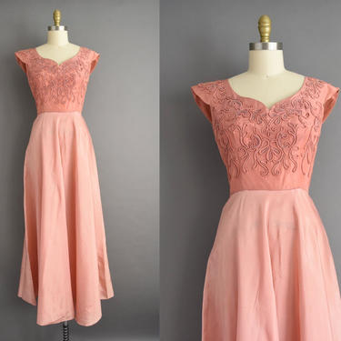 vintage 1950s | Gorgeous Peach Pink Full Length Cocktail Party Bridesmaid Prom Dress | Medium | 50s dress 