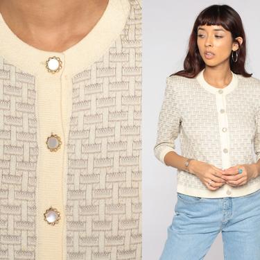 80s Cardigan Sweater Cream Checkered Button Up Sweater Grandma Vintage 1980s Slouch Granny Sweater Preppy Small S 