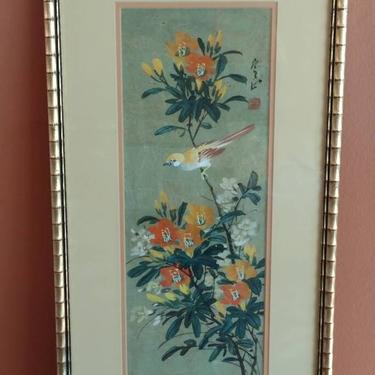 Vintage Traditional Asian Gouache Painting on Cork Paper Yellow Perched Bird Floral 27