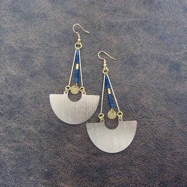 Bold large earrings blue hematite and gold, mid century modern earrings, Brutalist earrings, minimalist statement earrings, geometric unique 