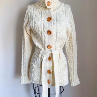 Vintage 1980s Fisherman Belted Cardigan Sweater / S 