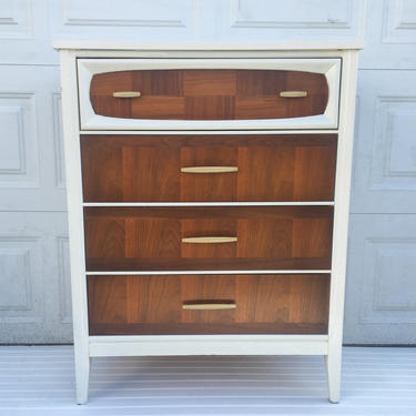 Mid Century Modern Painted Dresser, White and Gold Modern Dresser, Highboy, Chest of Drawers, Free NYC Delivery 