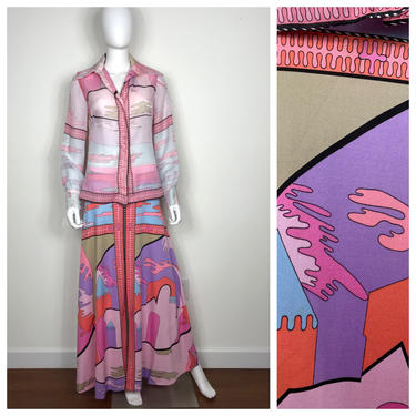 Vtg 70s op art pastel Aremis abstract print 2 Piece maxi skirt dress set SM 