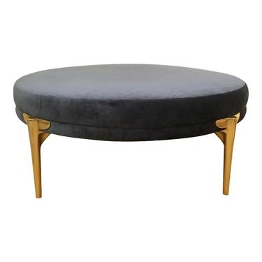 Arteriors Home Modern Blue Velvet and Brass Finished Round Cocktail Ottoman