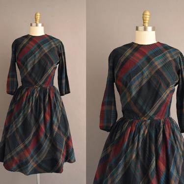 vintage 1950s dress | Jeanne Durrell Fall Winter Holiday Plaid Full Skirt Dress | Medium | 50s vintage dress 