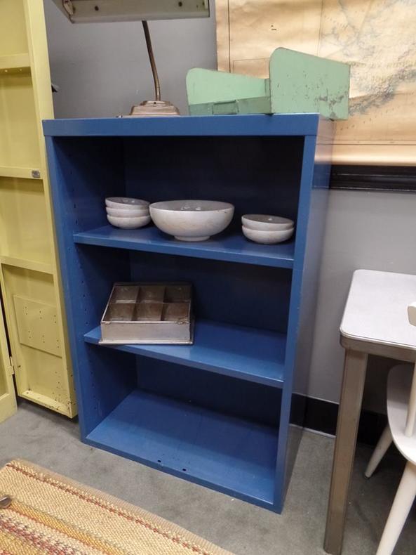 Vintage blue metal shelf with adjustable shelves