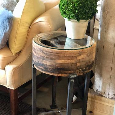ANTIQUE INDUSTRIAL PULLEY END TABLE