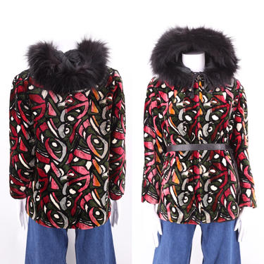 60s tapestry print coat M / vintage 1960s tapestry chenille velvet hooded fur trim jacket M / L 