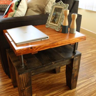 Solid Wood &amp; Pipe bedside table / Handmade Rustic Industrial / side table / sofa table / pipe table. Power outlet USB charger Made to order 