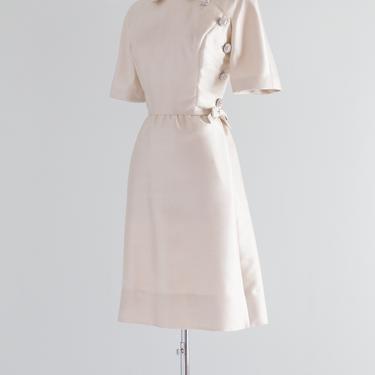 Impeccable 1960's Ivory Silk Cocktail Dress With Rhinestone Buttons / Waist 30"