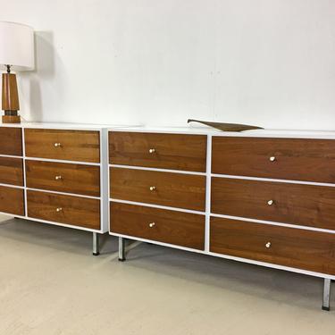 Pair of Mid Century Modern Walnut Dressers with White Laminate Tops 