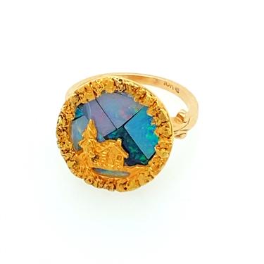 Vintage Natural 24kt Gold Nugget Opal Inlay 10kt Ring Cabin In The Woods Sz 7.5 