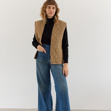 Vintage Tan Diamond Quilt Cotton Vest | Beige Sleeveless Liner Jacket M | 