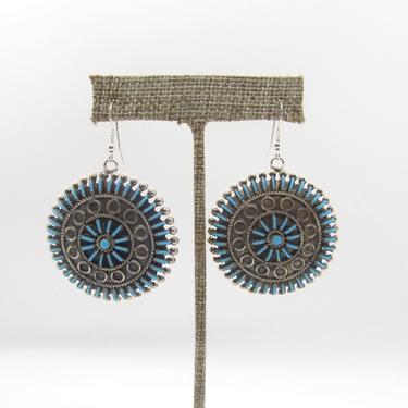 WHEEL OF FORTUNE Philander Gia Large Zuni Needlepoint Turquoise and Silver Earrings | Signed Native American Jewelry, Southwestern, Boho 