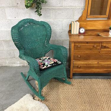 LOCAL PICKUP ONLY Vintage Wicker Rocker Retro 1980s Green Woven High Backed Bohemian Chair with Floral Needlepoint Pillow Indoor or Outdoor 