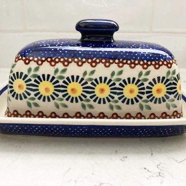 Vintage Manufaktura Boleslawiec Handmade Polish Blue Floral Pottery Covered Butter Dish 101 by LeChalet