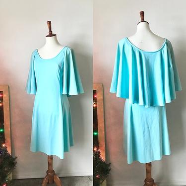 Vintage teal drapey attached cape dress size small 1960s 