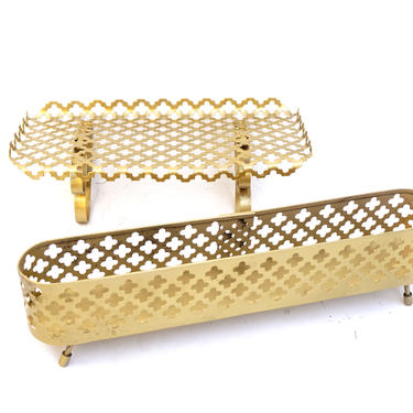Mid-Century Perforated Gold Metal Wall Shelf &amp; Long Footed Caddy/Holder/Tray 