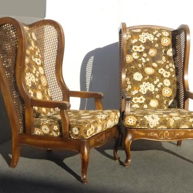 Pair Vintage Mid Century Modern Wingback CANE Brown Floral Mod ARM CHAIRS 