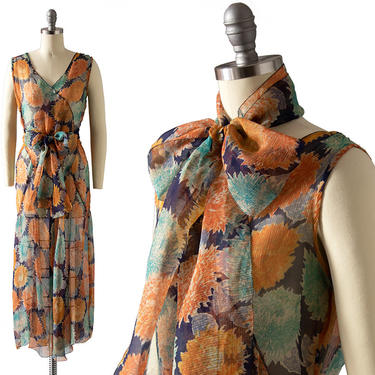 Vintage 1920s 1930s Sundress | 20s 30s Floral Print Sheer Silk Chiffon Art Deco Midi Tea Length Day Dress & Sash Scarf Set (x-small/small) 