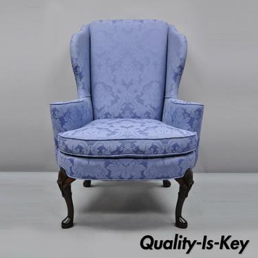 Vintage Queen Anne Wingback Chair Blue Upholstered Lounge Arm Chair by Sherrill