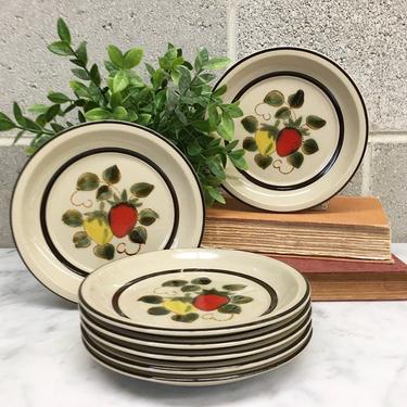 Vintage Plate Set Retro 1970s Strawberries + Stoneware + Hand Decorated + 4112 + Set of 7 + Servingware + 7 1/2 Inch + Kitchen Decor 