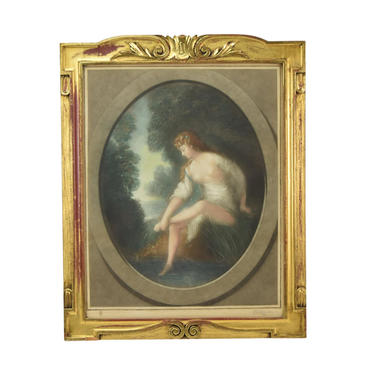 1907 Color Lithograph Nude Beauty in Diaphanous Gown by Stream in Gilt Frame 