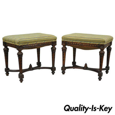 Pair of 1930s French Carved Walnut Louis XVI Style Victorian Stools Ottomans