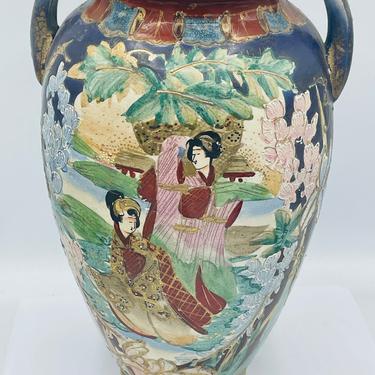 Vintage  Japan 13" Large Satsuma vase, Cobalt Blue Geisha Floral  Scene Moriage Nippon Highlights- Chip Free 