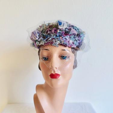 Vintage 1950's 1960's Lavender Lilac Periwinkle Blue Velvet Floral Pillbox Hat Veil Spring Summer Bridal Wedding Party 50's 60's Millinery 