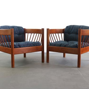 Jorgen Baekmark Spindle Barrel Chair Set of Two in Teak and Rich Blue Fabric 