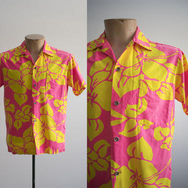 Vintage Hawaiian Shirt / Hawaiian Button Down / Neon Pink Shirt / Pink and Yellow Hawaiian Shirt / Vintage 70s Hawaiian Shirt 