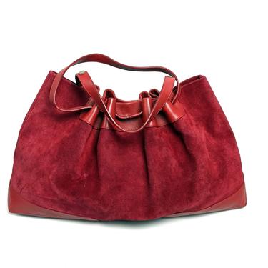 MINT! Burberry XL Red Suede & Leather Cinched Tote Shoulder Bag 