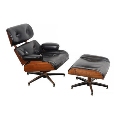 Eames Black Leather Lounge Chair and Ottoman Selig Mid Century Modern 