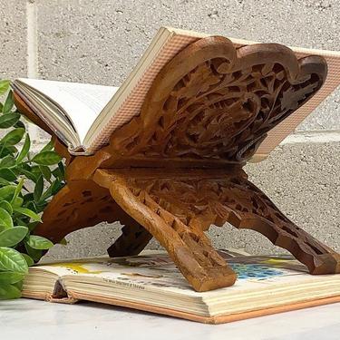 Vintage Book Stand Retro 1990s Bohemian + Brown Wood + Carved Detailing + Made in India + Book Display and Storage + Boho Home Decor 