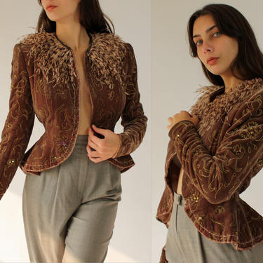 Vintage 40s El Za Peplum Waist Light Brown Velvet Embroidered Jacket with Feather Collar | Made in Italy | 1940s Broad Shoulder Jacket 