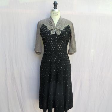 Vintage 1940's Black and Gray Silver Studded Evening Dress WW2 Era Berlin 29.5&amp;quot; Waist Medium 
