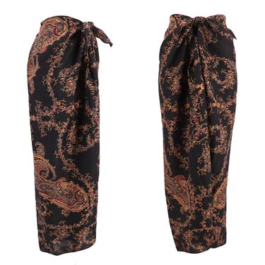 90s EMANUEL UNGARO paisley sarong skirt sz 14 / vintage 1990s designer black wool challis scarf print wrap skirt sz L 