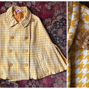 vintage 1960’s mustard yellow houndstooth cape | ‘60s Loomtogs mod cape, gold Autumn leaf brooch 