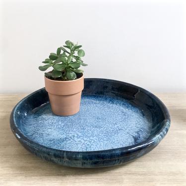 Large Shallow Stoneware Bowl Round Serving Tray 18&amp;quot; Terra Cotta Floating Blue Glaze Studio Pottery 